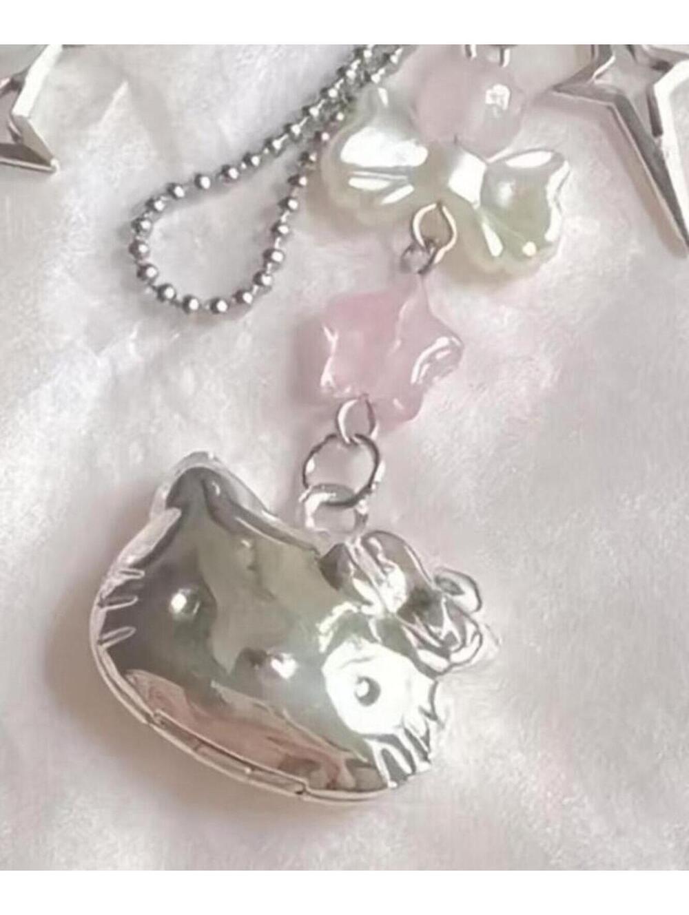 Pink and Silver tone Cat Charm Phone Strap Keychain with Bow Accents